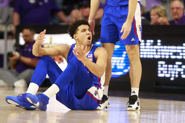 Kansas senior guard Kevin McCullar Jr. (15) reacts to a call in the first half of the Sunflower Showdown game against Kansas State inside Bramlage Coliseum Monday, February 5, 2024.